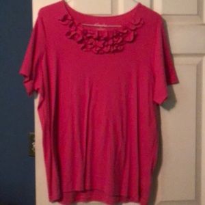 Pink shirt with ruffle neckline